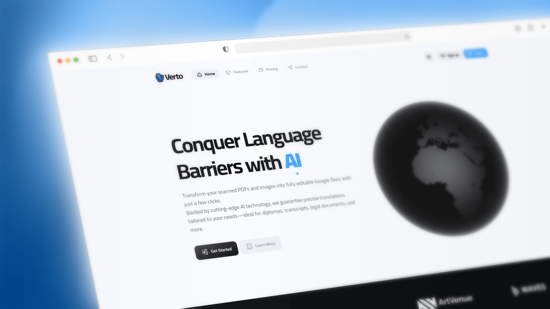 Verto landing page blur treatment