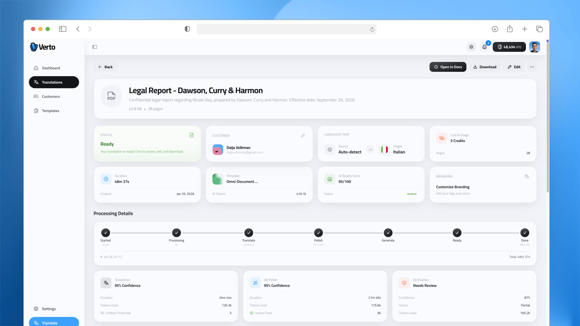 Verto translation details page