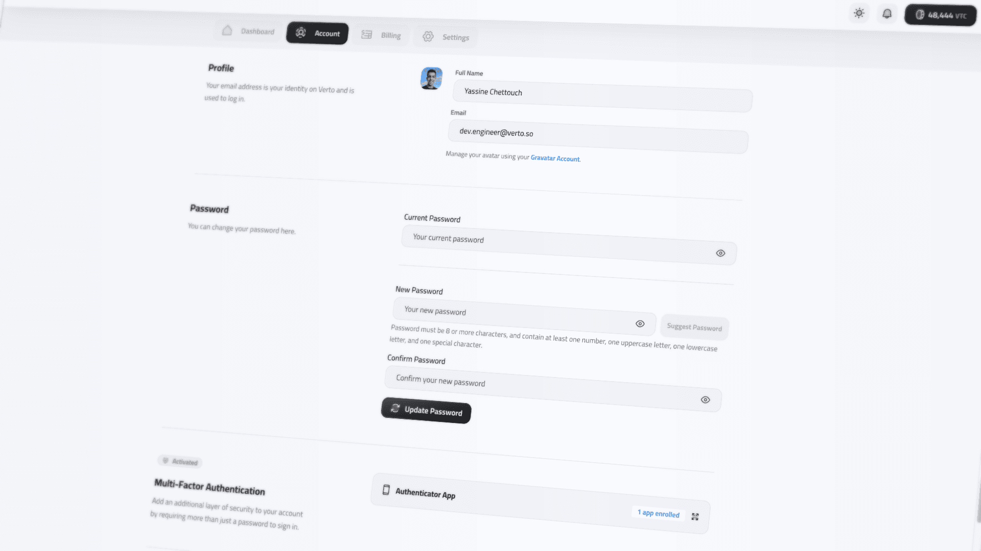 Identity Management: Profile settings and MFA configuration.