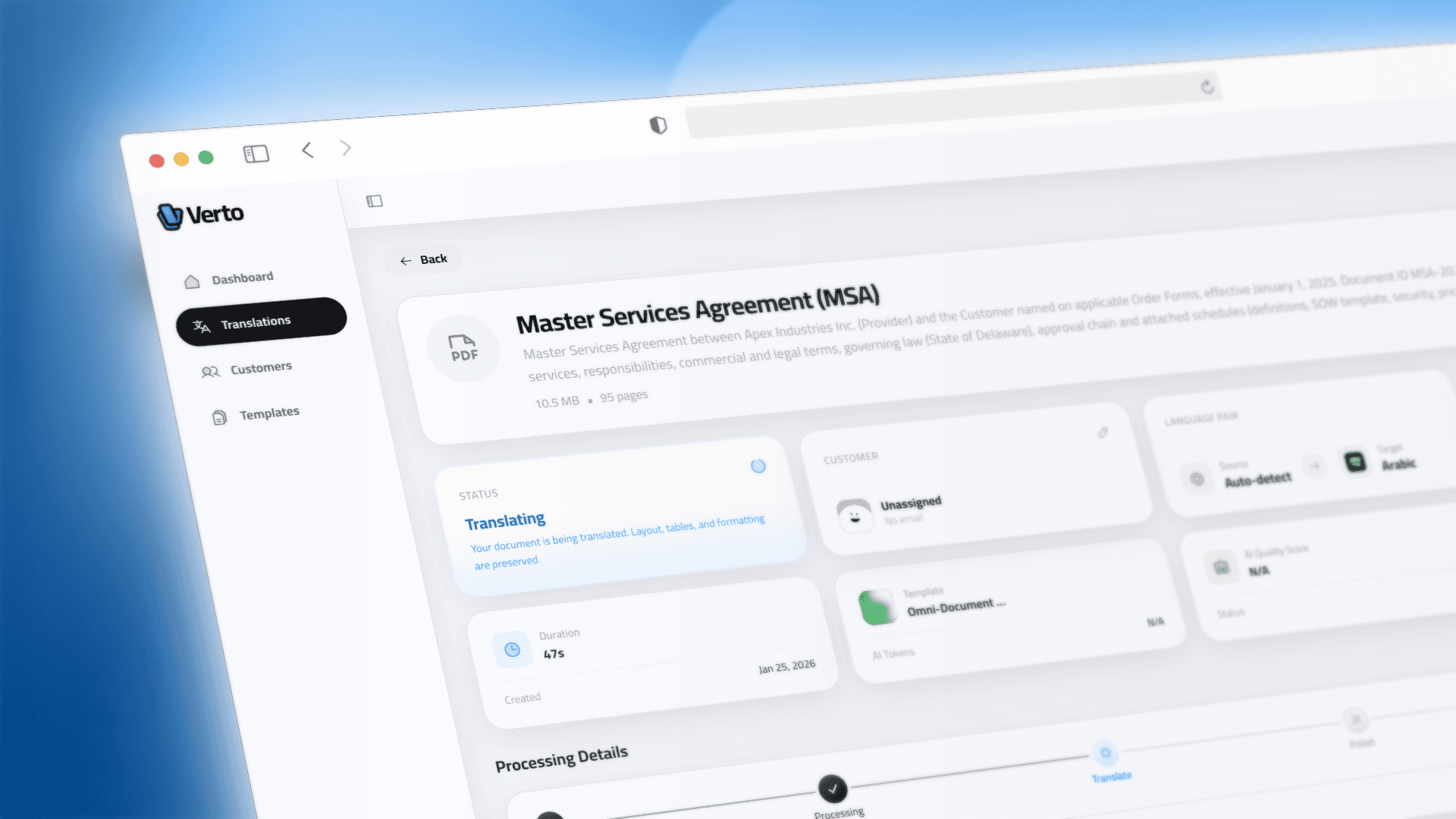 Job Visualization: Step-by-step progress from AI Vision to Google Docs Reconstruction (95% Confidence).