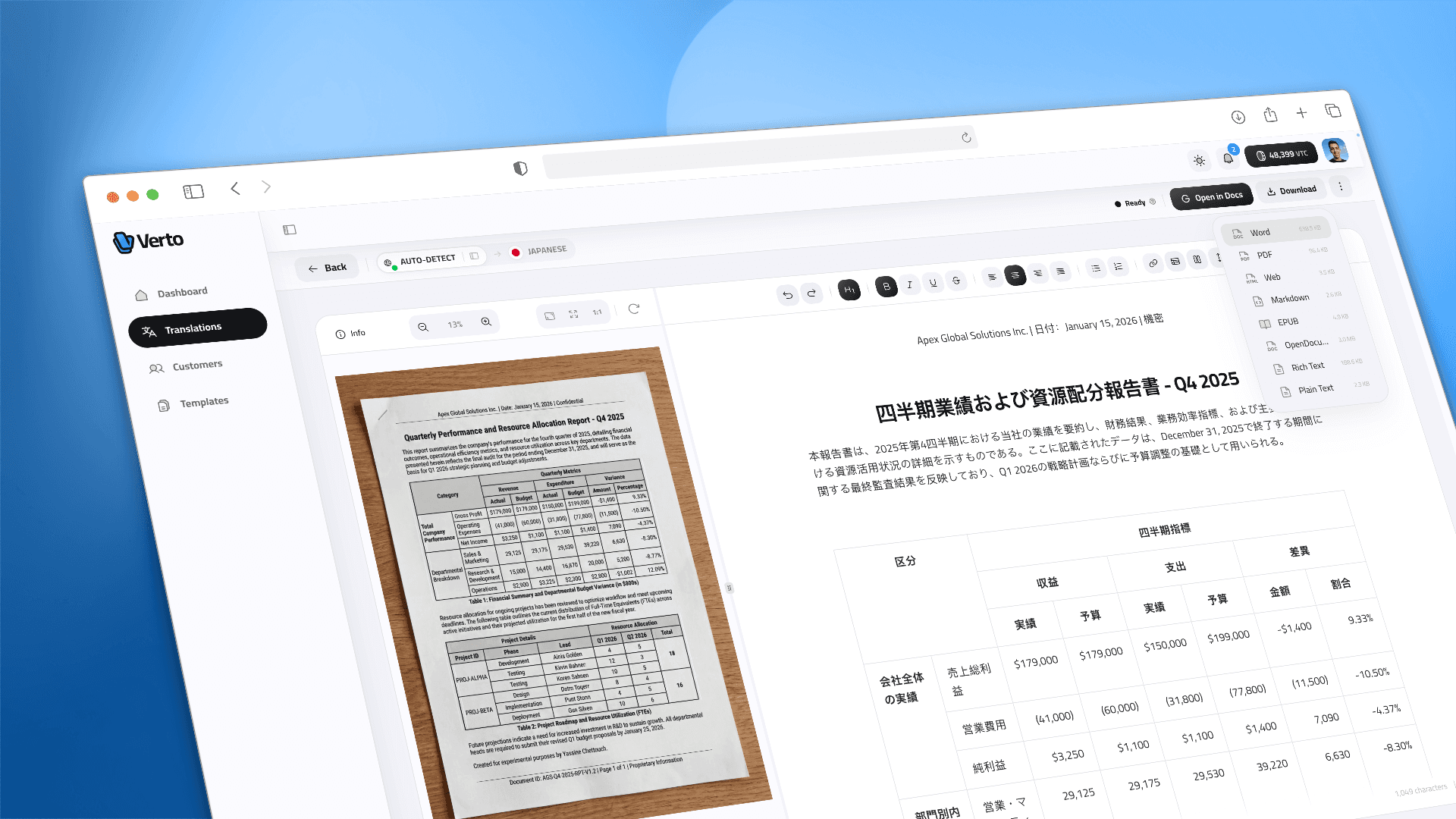 Verto demo poster showing the review editor interface