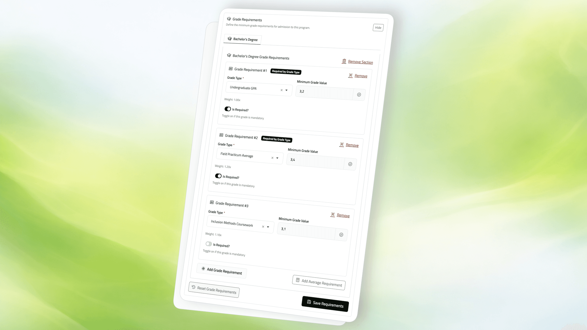 Program grade requirements modeled as structured relationships.