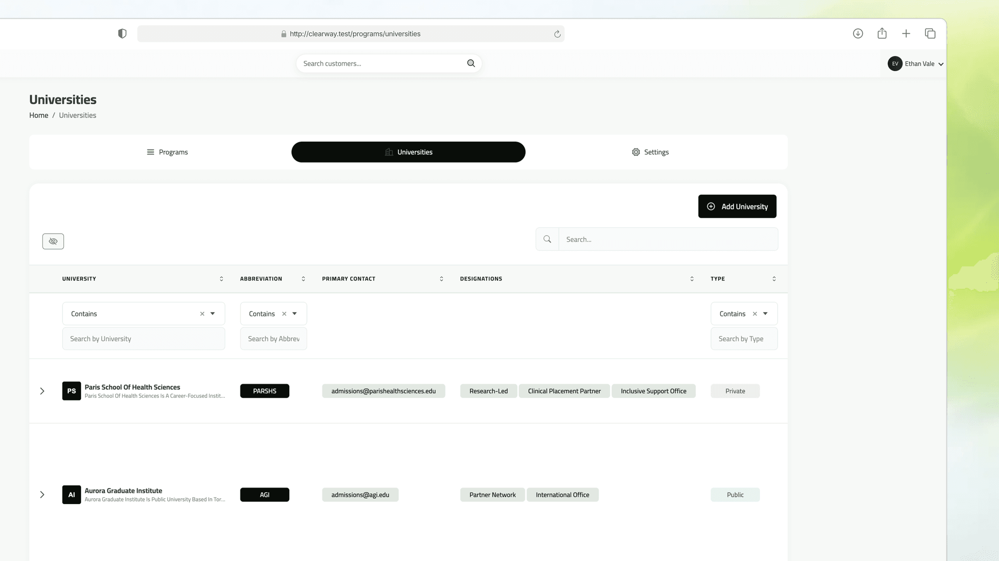 Universities table surfacing data that used to live in notes fields.