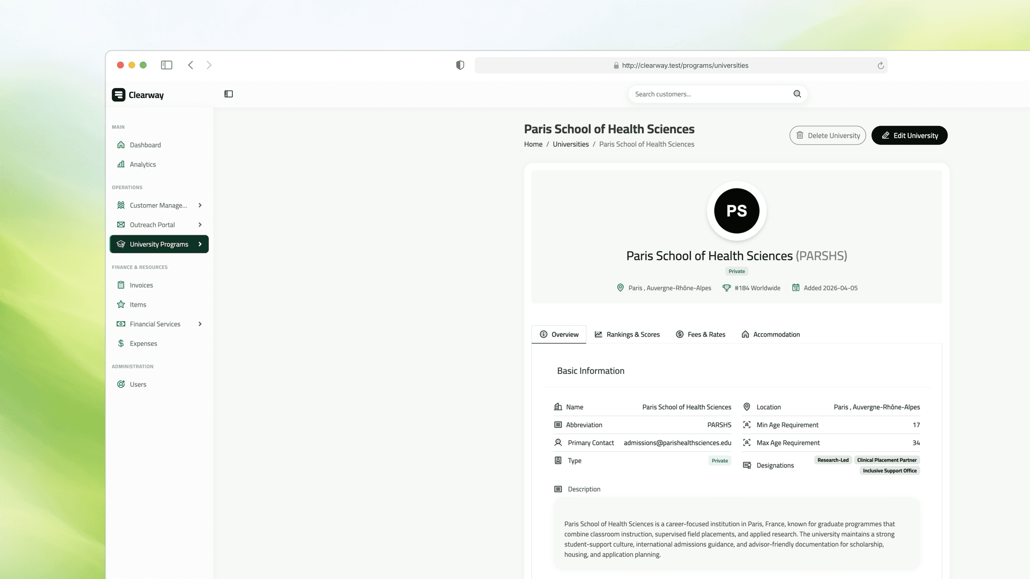 University detail page proving the schema could support a rich read surface.