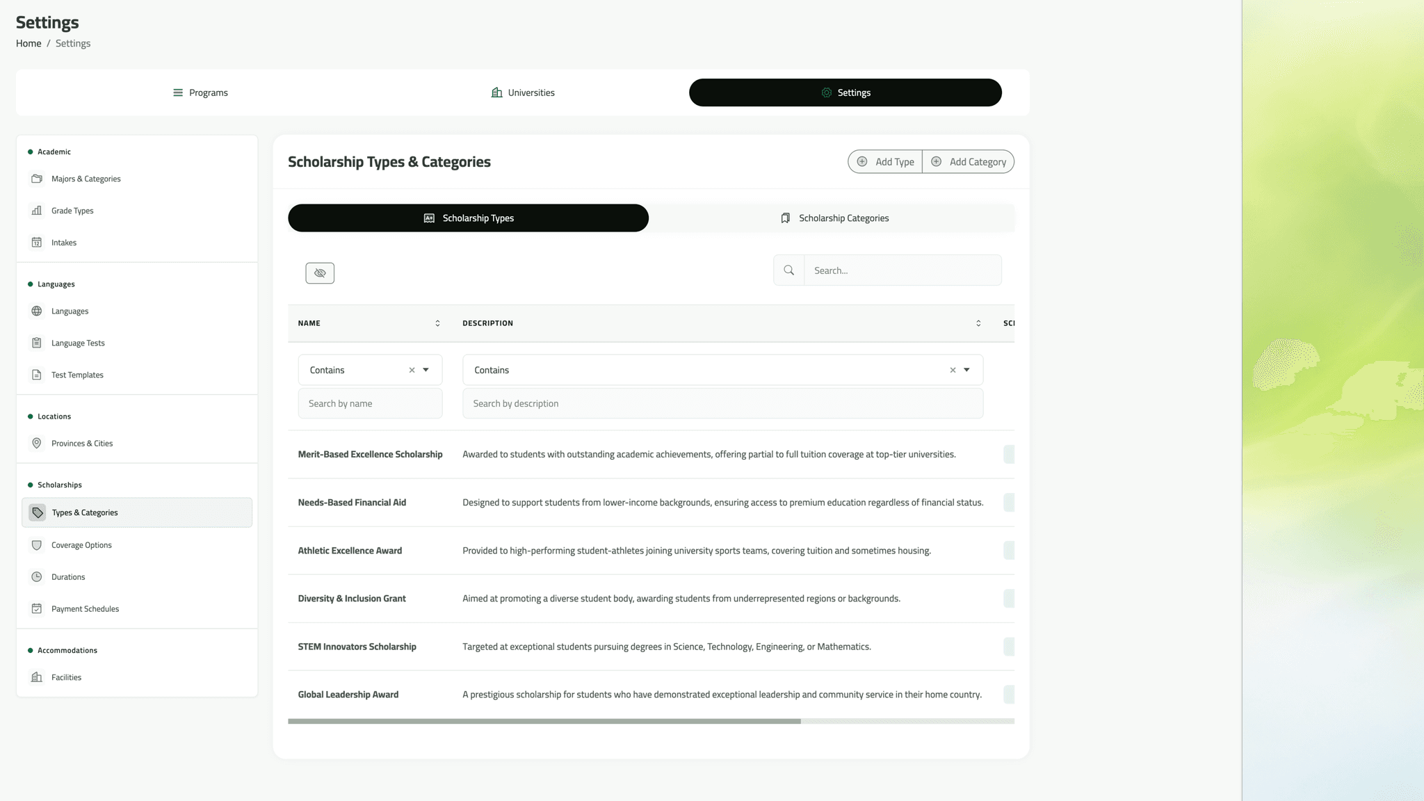 Scholarship types and categories turned free-text awards into structured records.
