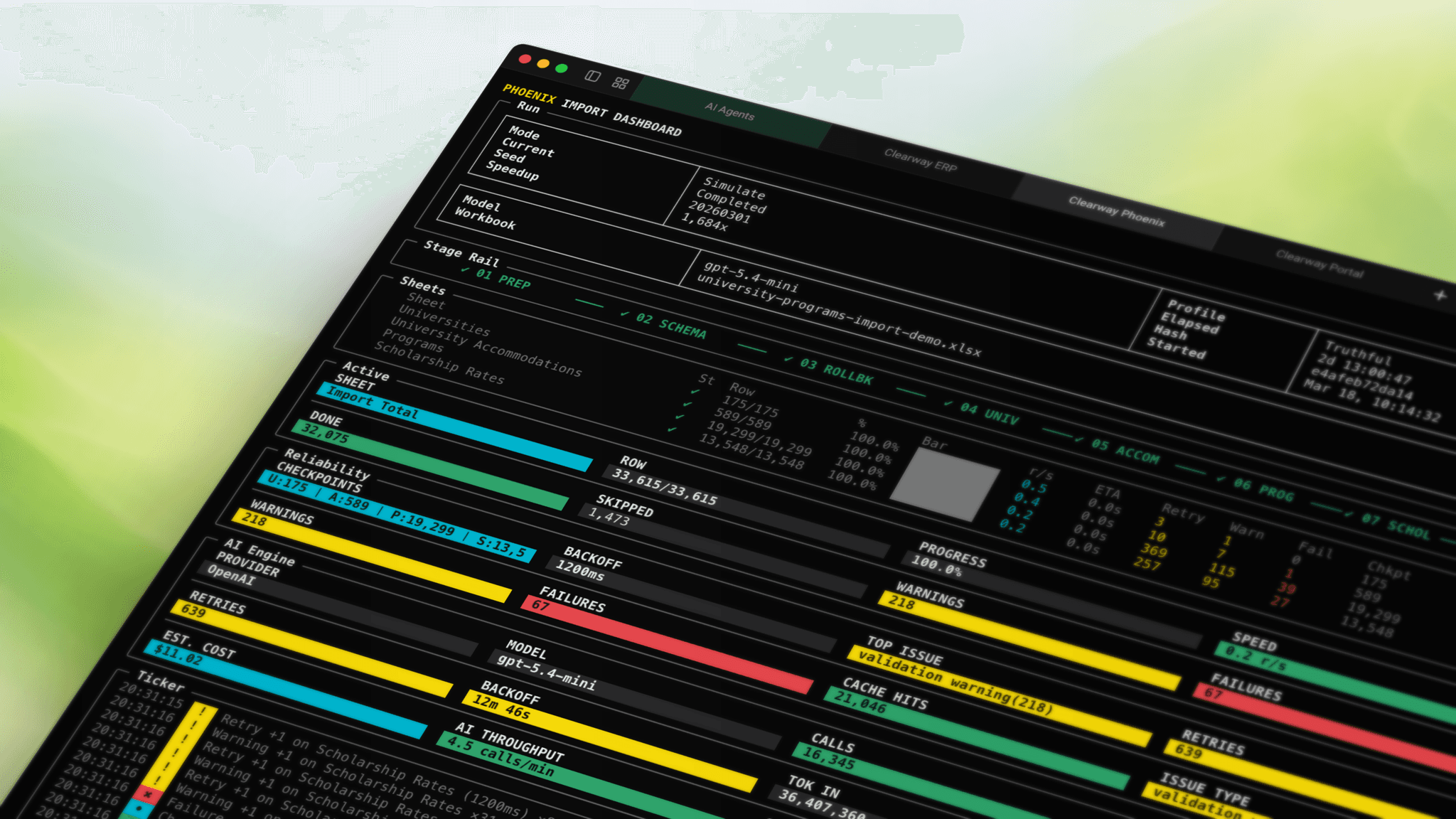 Dashboard angle view of the full run state.